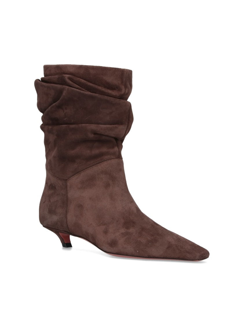 Amina Muaddi Ruched Dark Brown Suede Ankle Boots