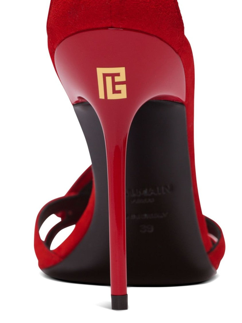 Balmain Red Stiletto Ankle Strap Open Sandals