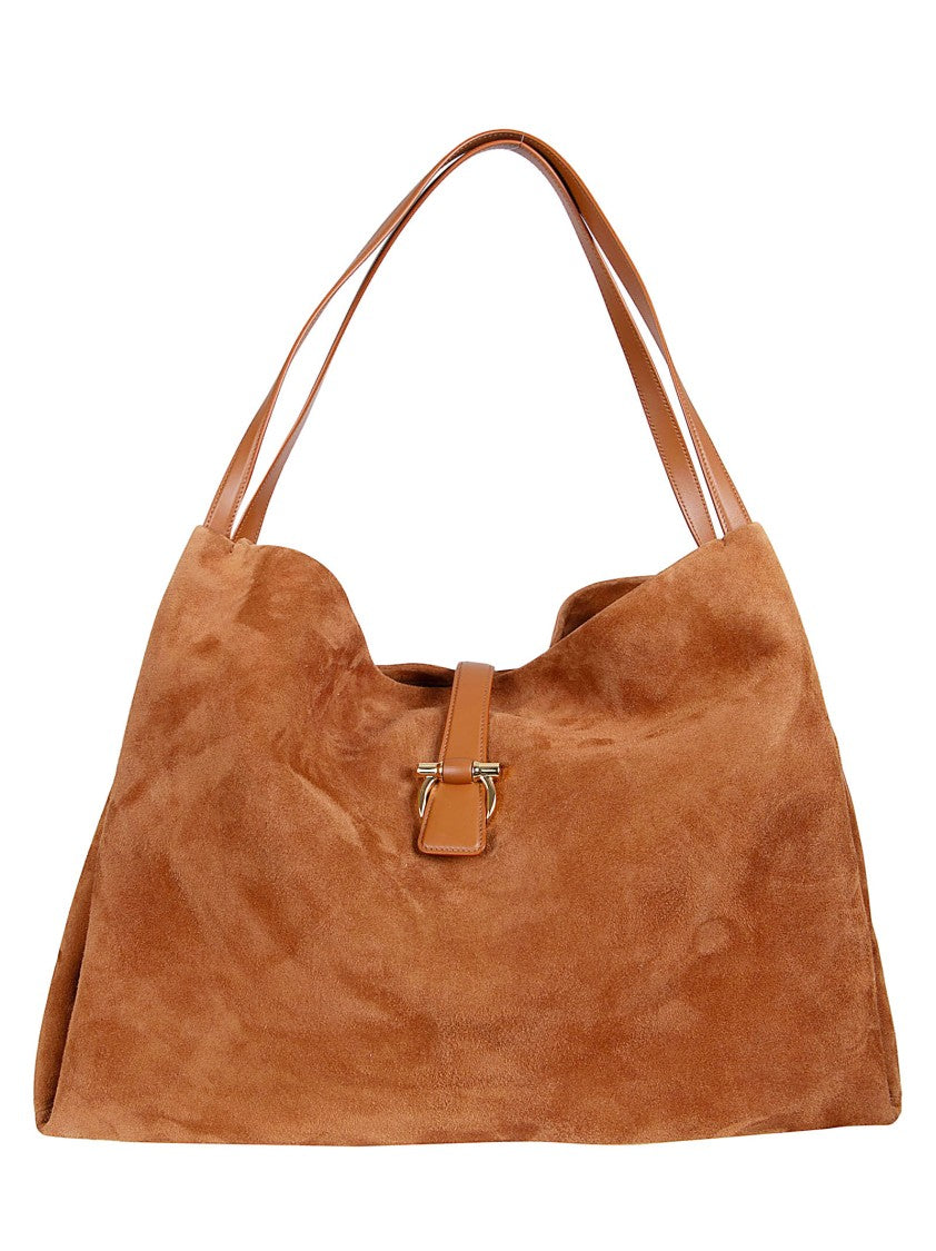 Ferragamo Medium Suede Leather Tote Bag With Gold-Tone Hardware