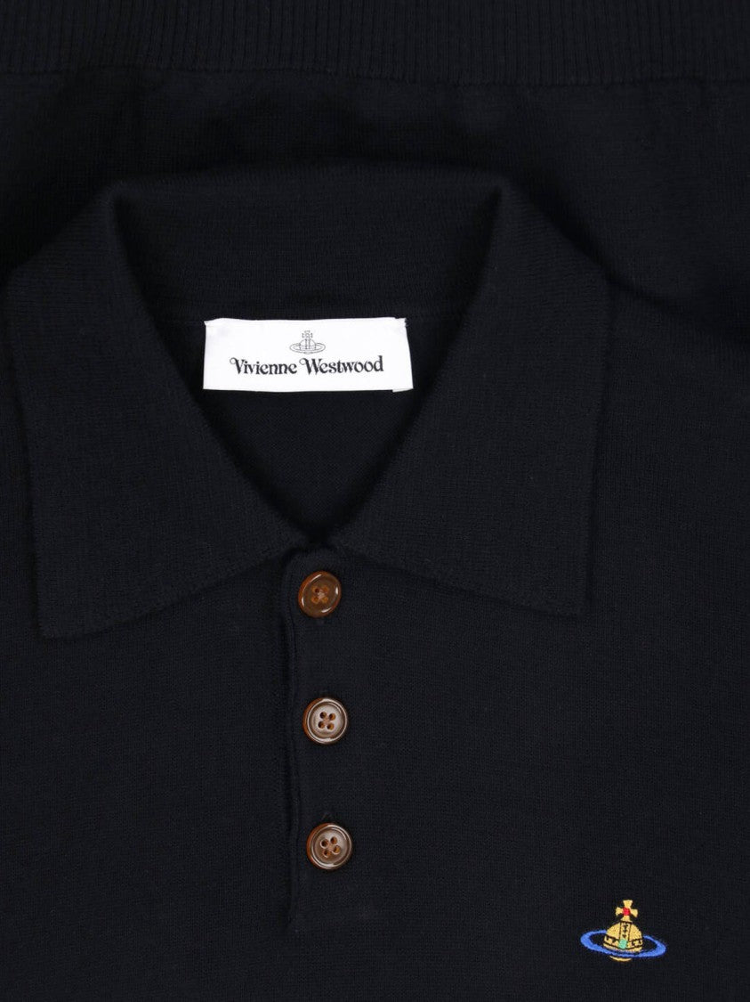 Vivienne Westwood Black Wool Polo With Classic Collar And Multicolor Logo