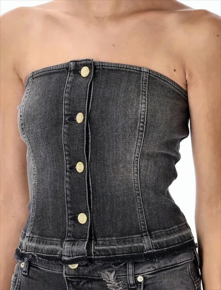 Ganni Sleeveless Denim Top With Frayed Edges And Metallic Buttons