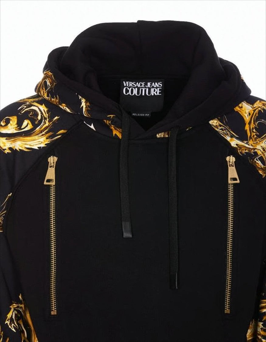 Versace Baroque Patterned Black Hoodie With Gold Accents