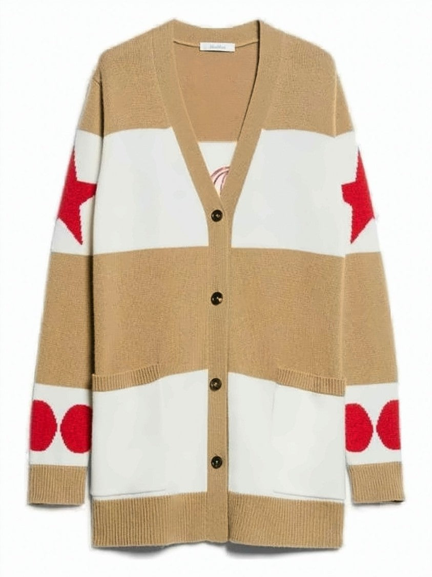 Max Mara Camel Knit Cardigan With Bold Stripes And Star Motifs