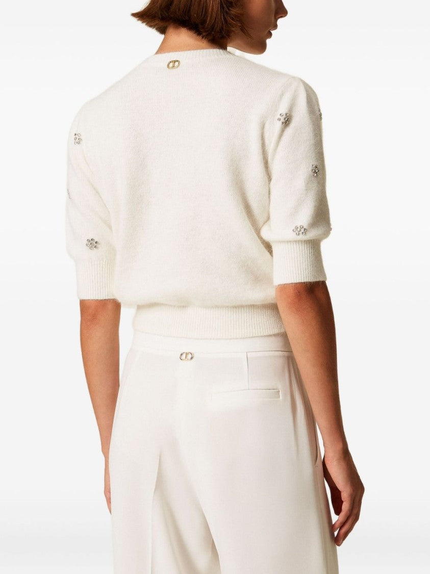 Twin-Set Cropped Knit Sweater With Floral Embellishments