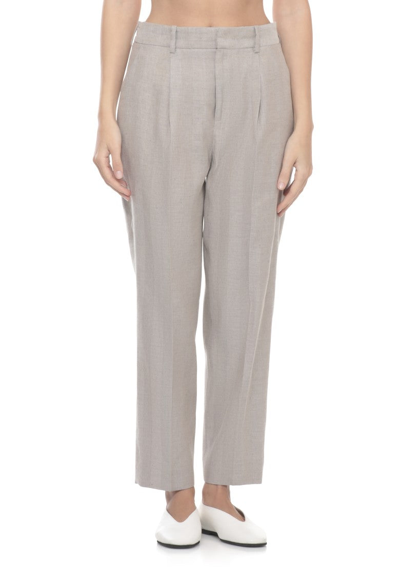 Pt Torino Beige Striped Waist Linen-Cotton Pants