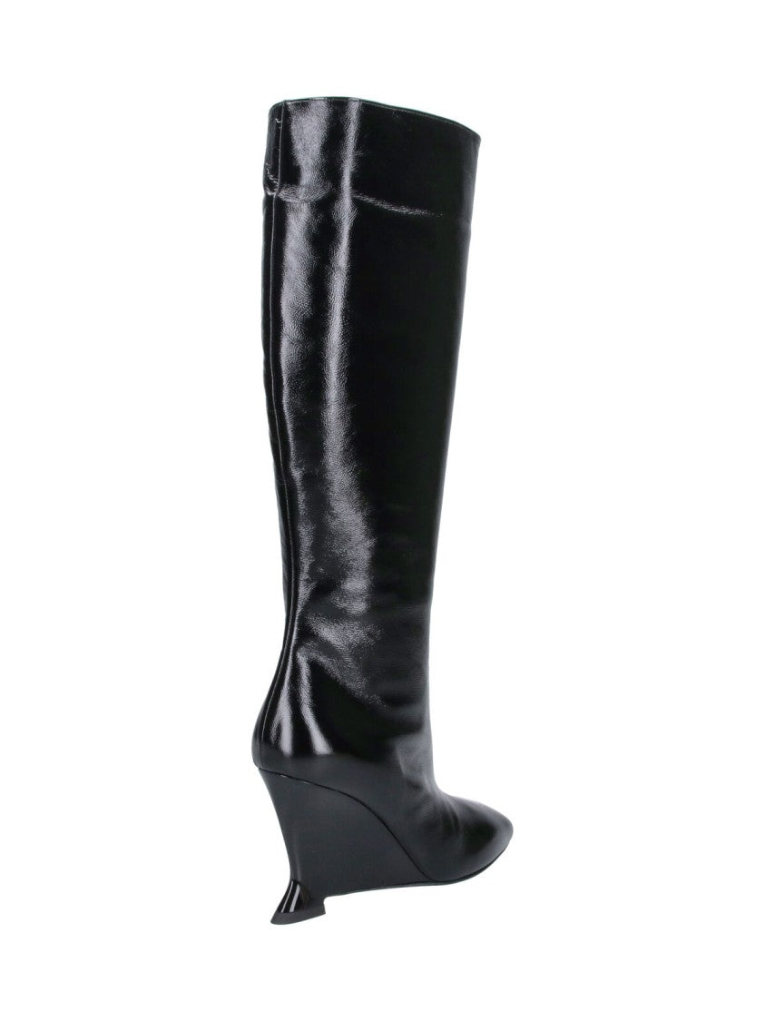 Balmain Black Leather Angled Wedge Heel Boots
