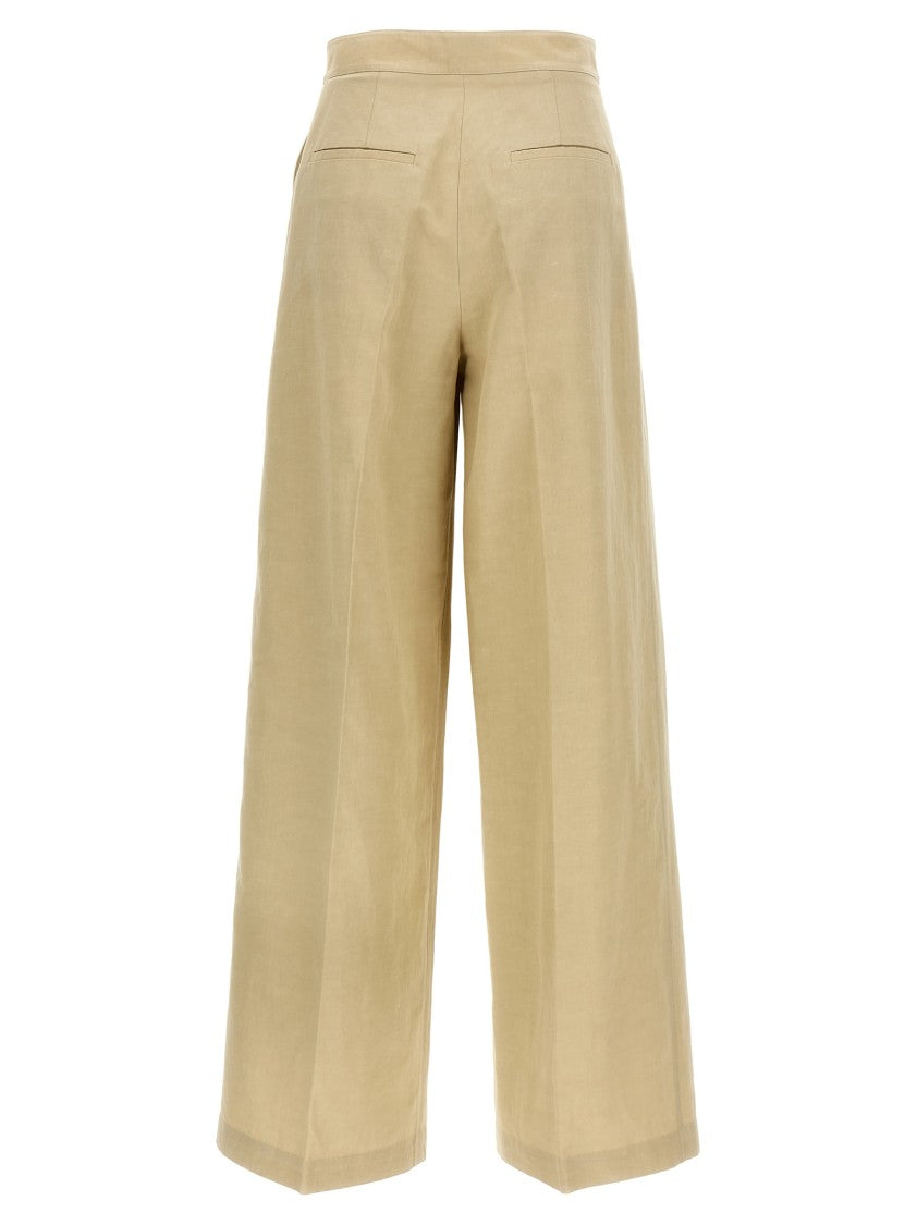 Yves Salomon High-Waisted Linen Blend Trousers With Pressed Pleats