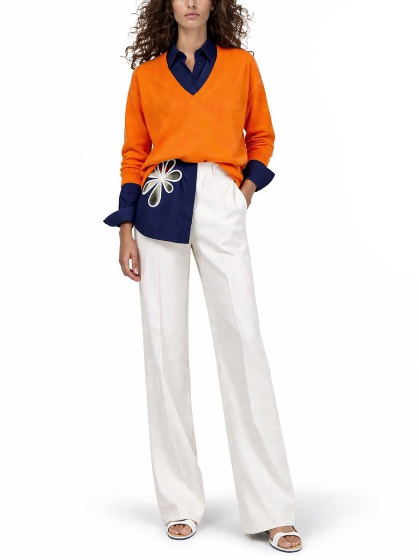 Fendi Vibrant Orange Cashmere Blend V-Neck Sweater With Ribbed Details