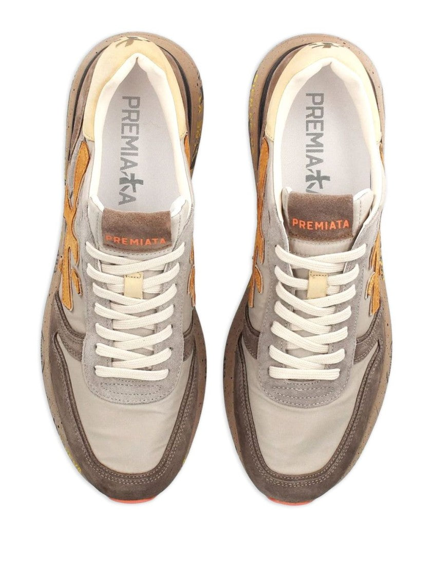 Premiata Beige And Brown Suede Sneakers With Mustard Yellow Logo