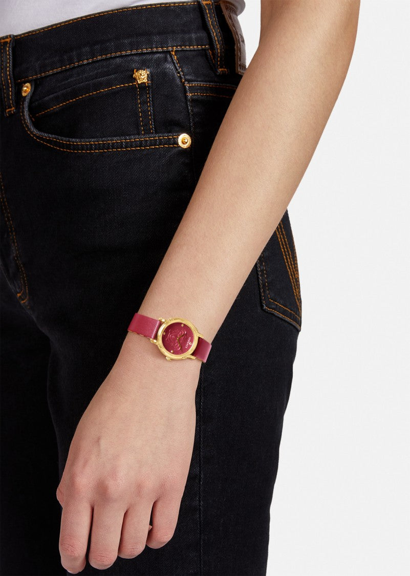 Versace Gold-Tone Stainless Steel Quartz Watch With Red Dial And Calf Leather Strap