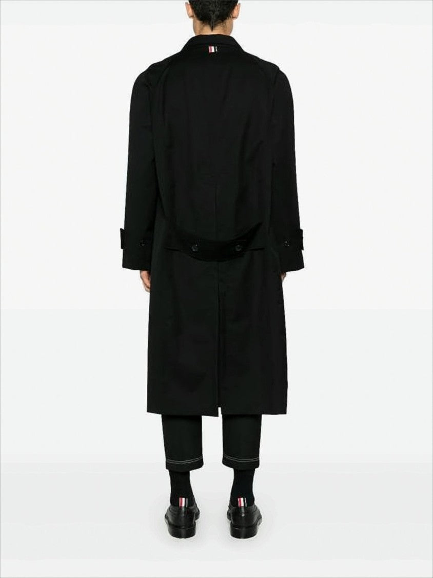 Thom Browne Long Black Wool Coat With Tailored Silhouette And Tricolor Accents