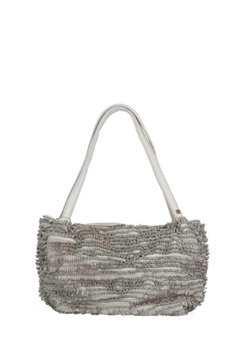 Majo Textured Grey Handbag With Fringed Leather Design