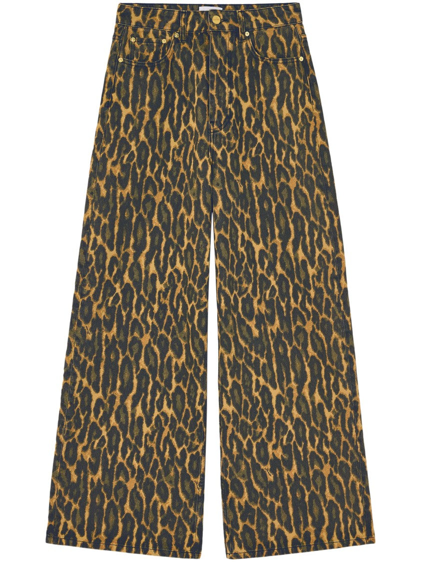 Ganni Animal Print Denim Baggy Jeans With Five-Pocket Design