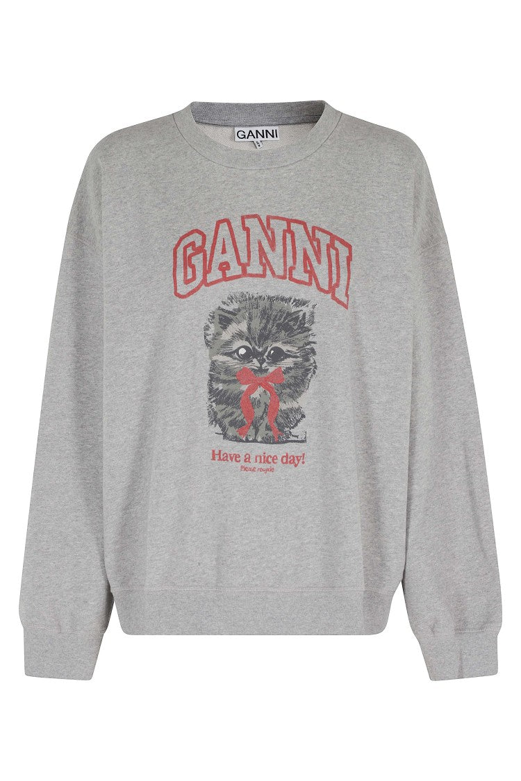 Ganni Gray Isoli Crewneck Margot Kitty Graphic Cotton Sweatshirt