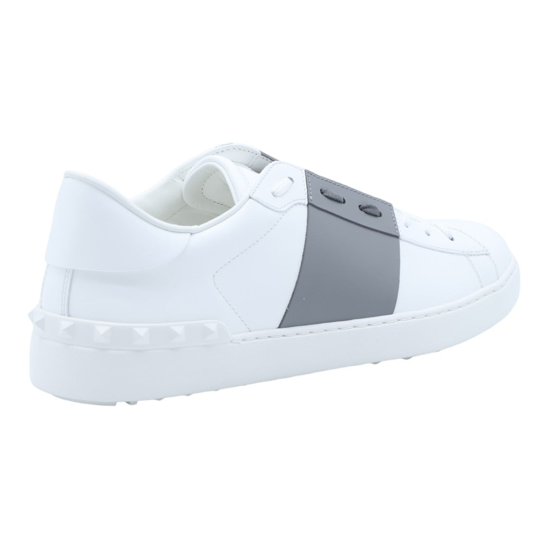 Valentino Garavani White Leather Sneakers With Grey Strap And Stud Accents