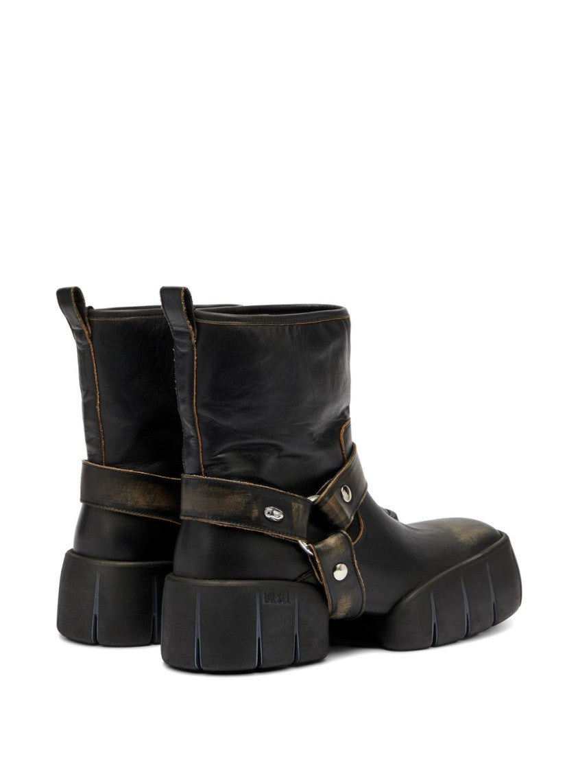Diesel Chunky Sole Black Leather Boots With Ankle Strap Detail