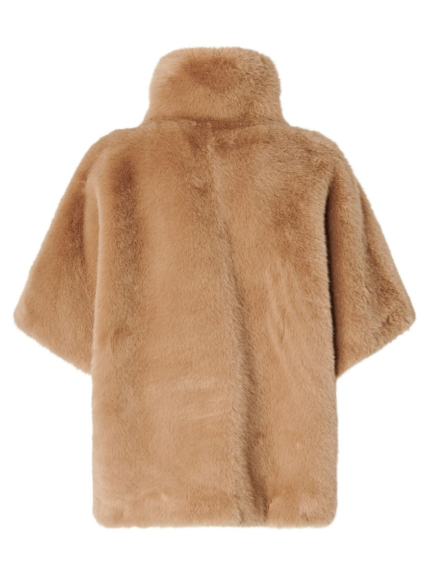Pinko Short Light Brown Fur Coat With High Collar And Buckle Detail