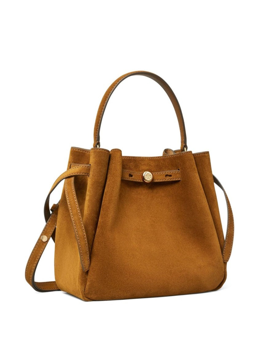 Tory Burch Structured Trapezoidal Brown Suede Bag With Adjustable Strap