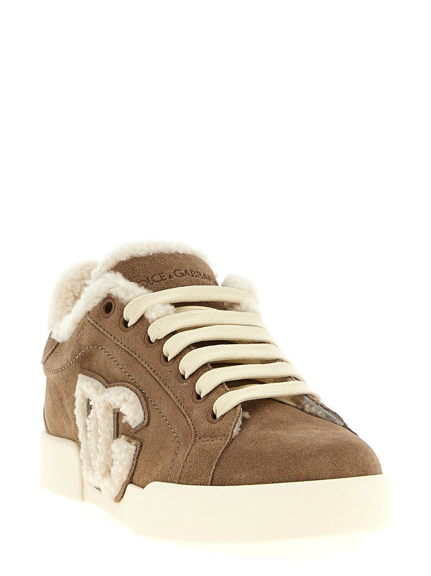 Dolce & Gabbana Suede Sneakers With Shearling Logo And Plush Lining