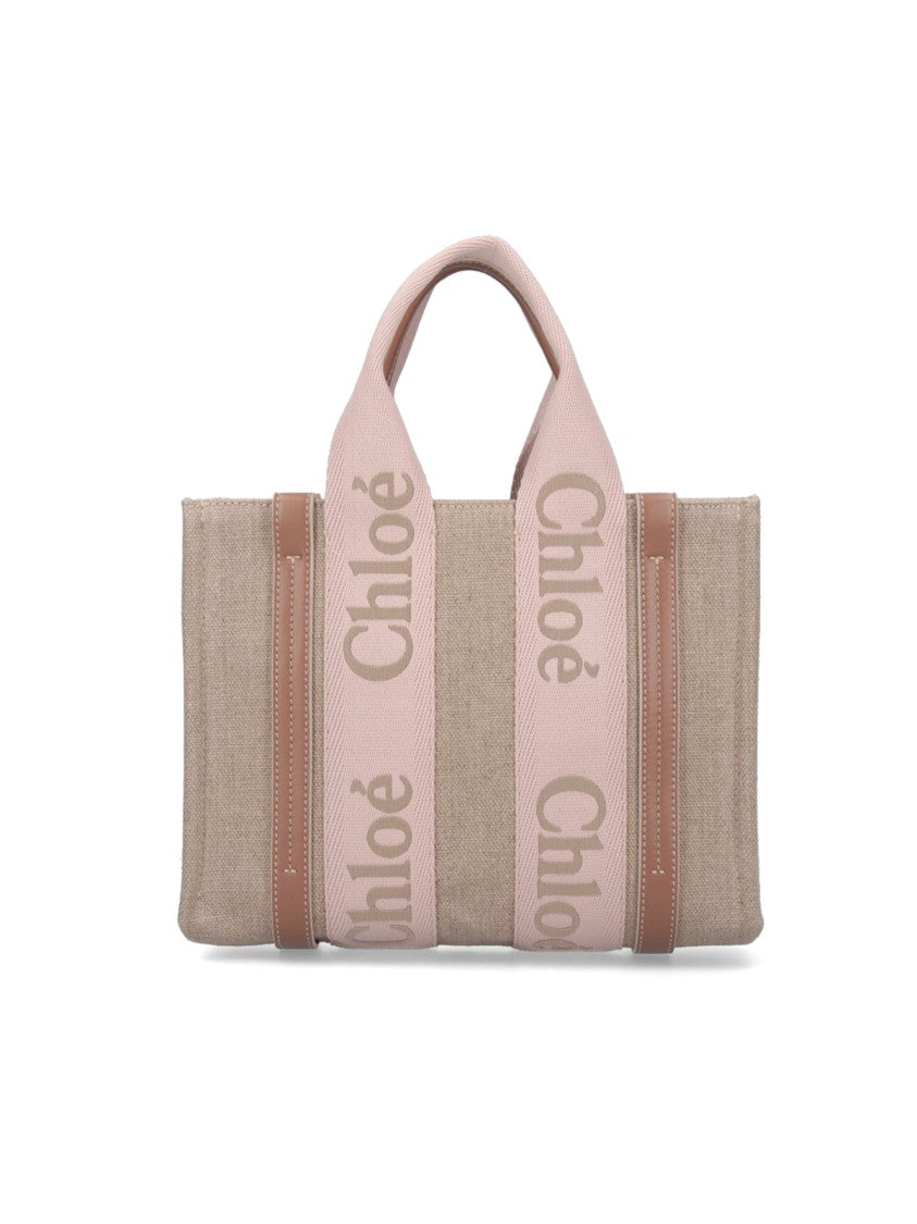 Chloé Beige Linen Tote With Calfskin Accents And Logo Detail