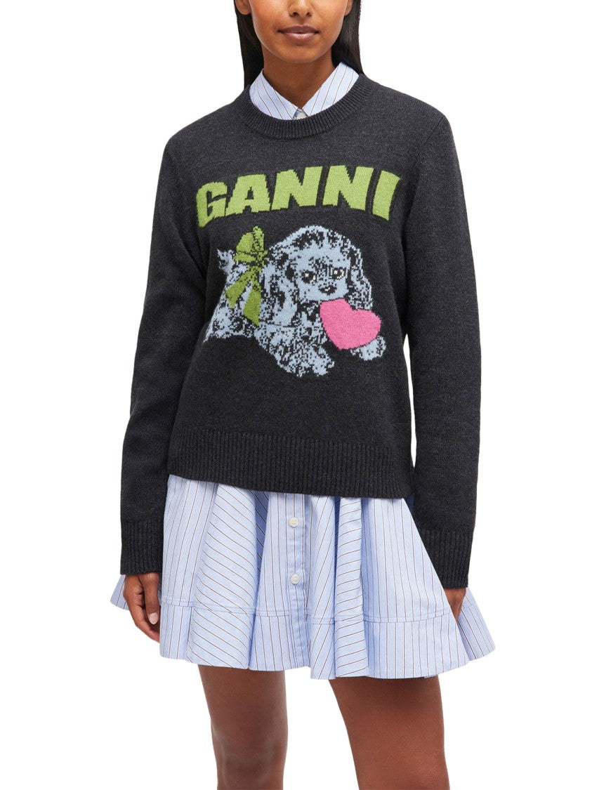 Ganni Playful Puppy Love Graphic Wool Blend Crewneck Sweater