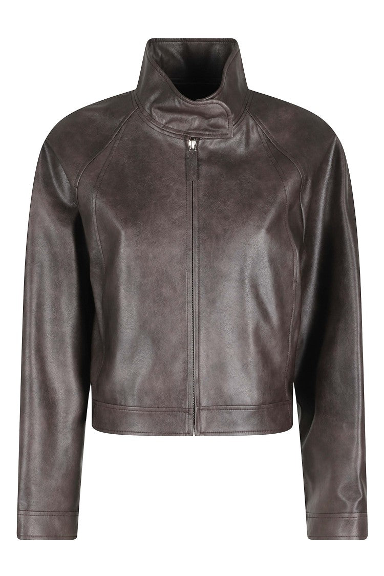 Low Classic Brown Stand Collar Short Adjustable-Waist Polyurethane Jacket