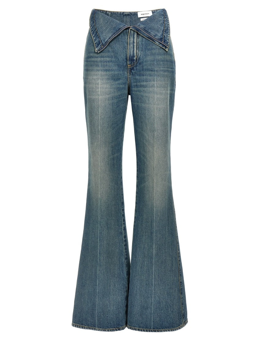 Mcqueen High-Waisted Bootcut Denim Pants With Turn-Up Design