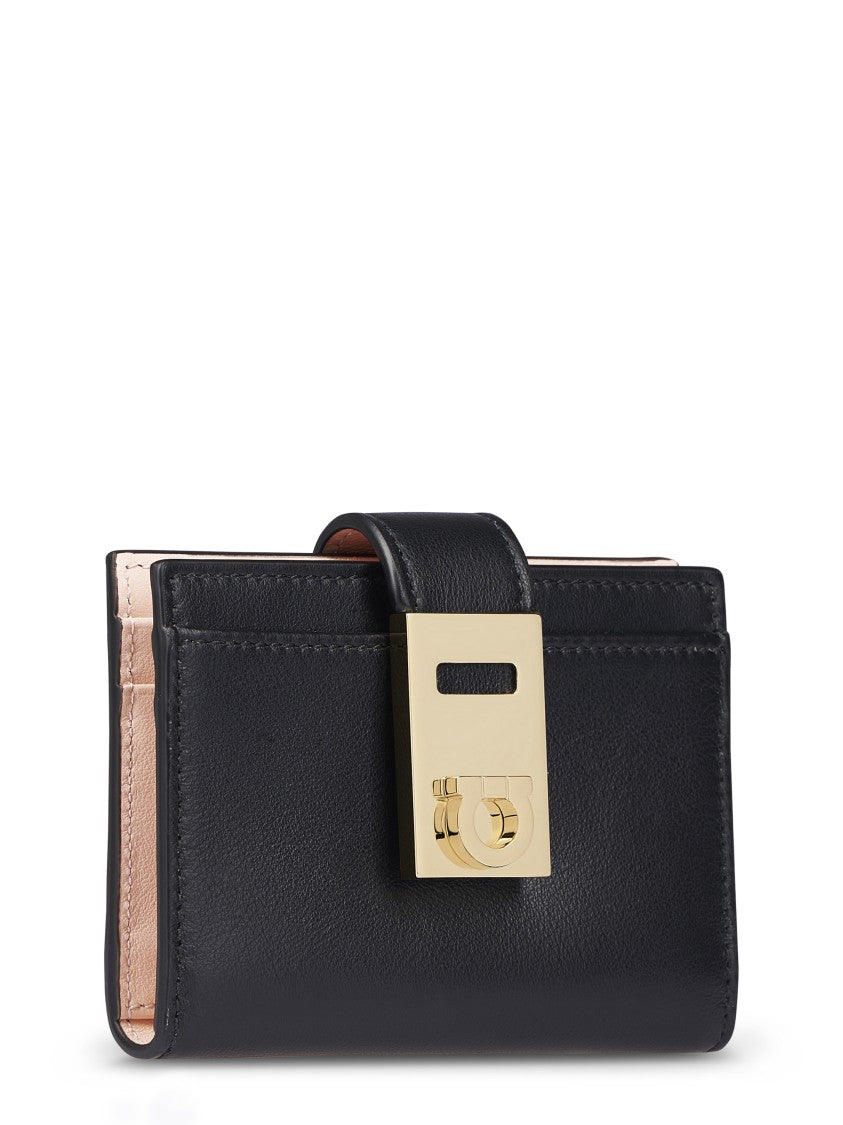 Ferragamo Compact Black Wallet With Gold-Tone Clasp