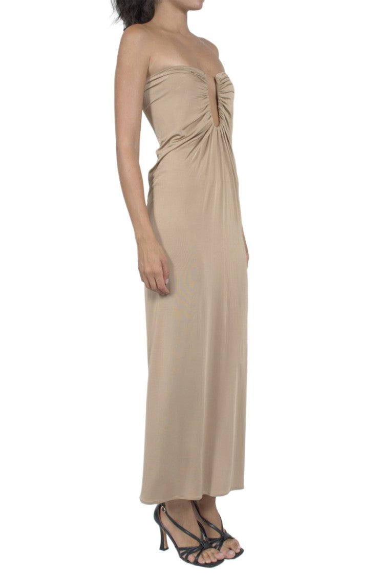 Magda Butrym Beige Strapless Gathered Cut-Out Viscose-Blend Maxi Dress