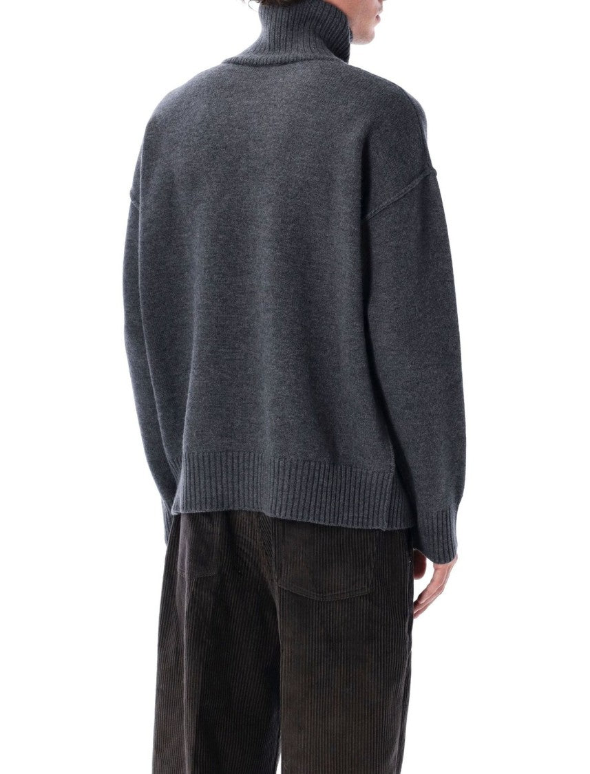 Ami Ribbed High-Neck Wool Sweater With Heart Emblem
