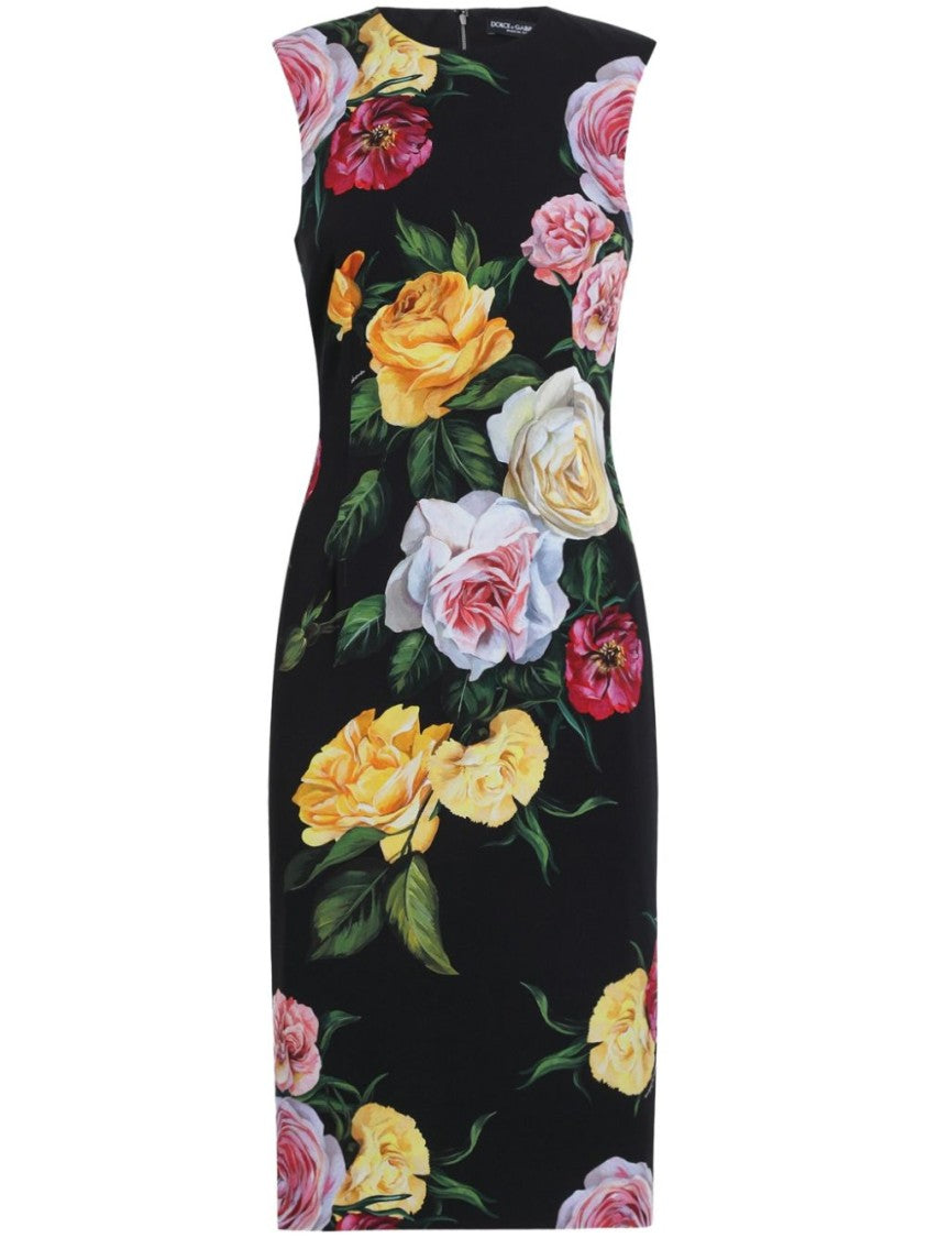 Dolce & Gabbana Fitted Floral Print Dress With Vibrant Roses
