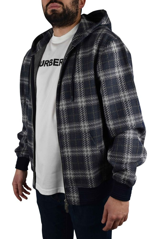 Burberry Hooded Navy-Blue Heavy Cotton Vest With Checkered Pattern