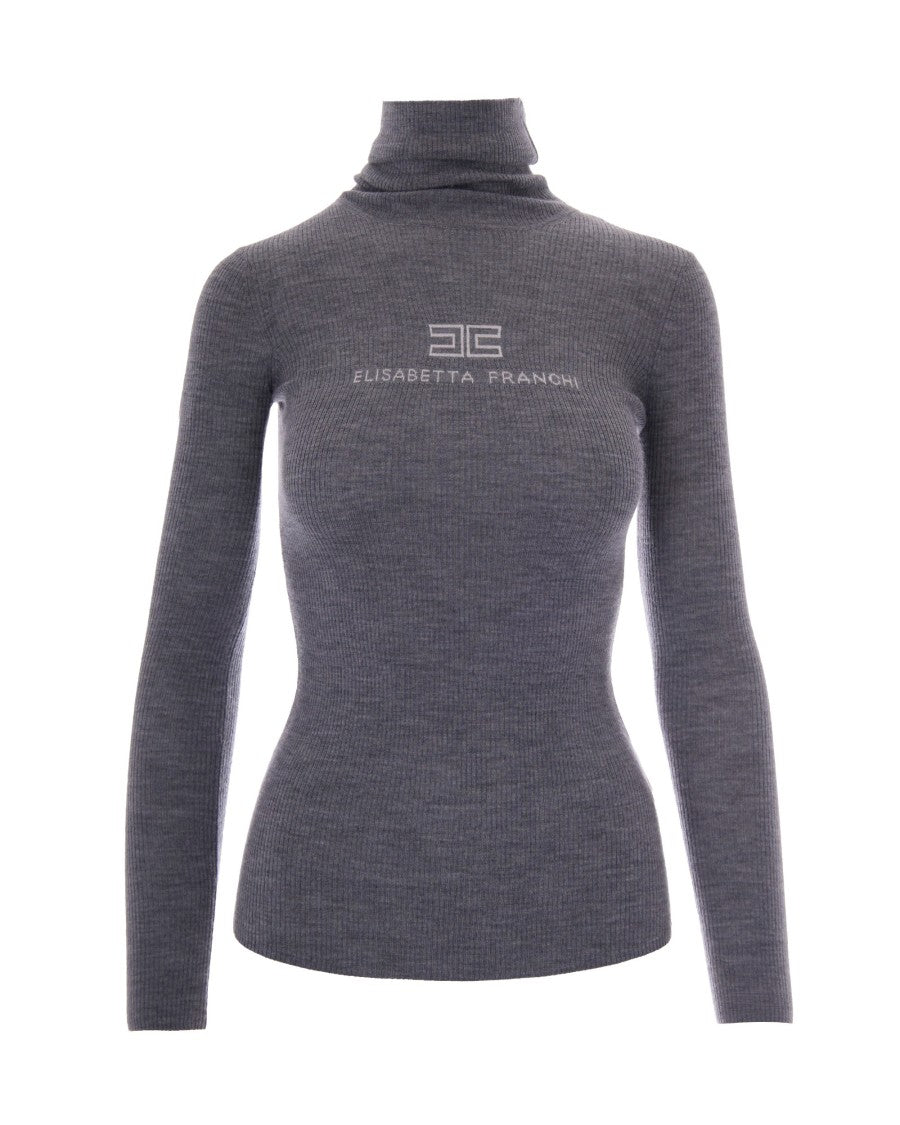 Elisabetta Franchi Ribbed Knit Turtleneck Top With Intarsia Logo