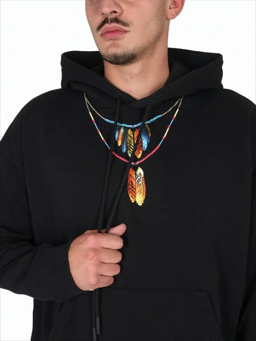 Marcelo Burlon Relaxed Fit Black Hoodie With Feather Embroidery