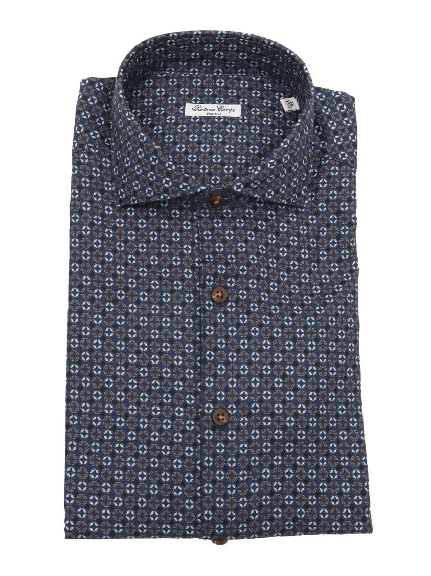 Sartoria Del Campo-Sonrisa Geometric Patterned Button-Up Shirt In Cotton Fabric