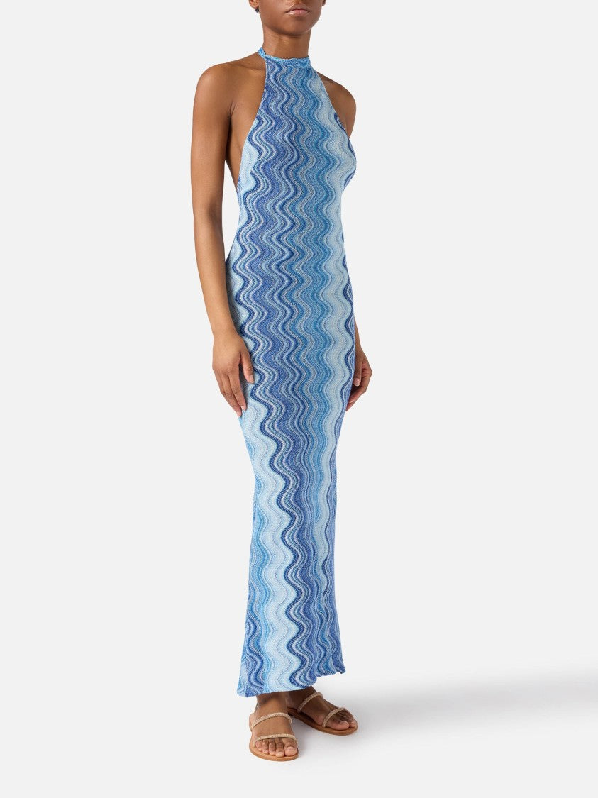 Mc2 Saint Barth Wavy Abstract Pattern Maxi Dress With Halter Neckline