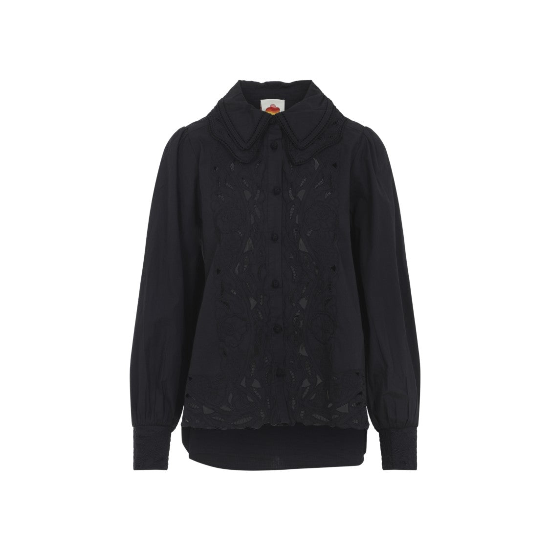 Farm Rio Long-Sleeved Black Top With Cut-Out Embroidery