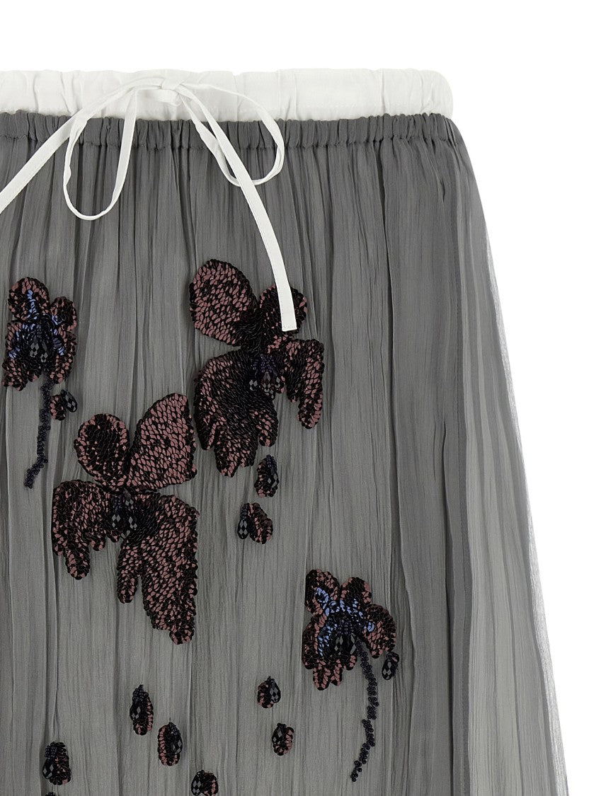 Prada Floral Embroidered Silk Chiffon Midi Skirt With Drawstring Waist