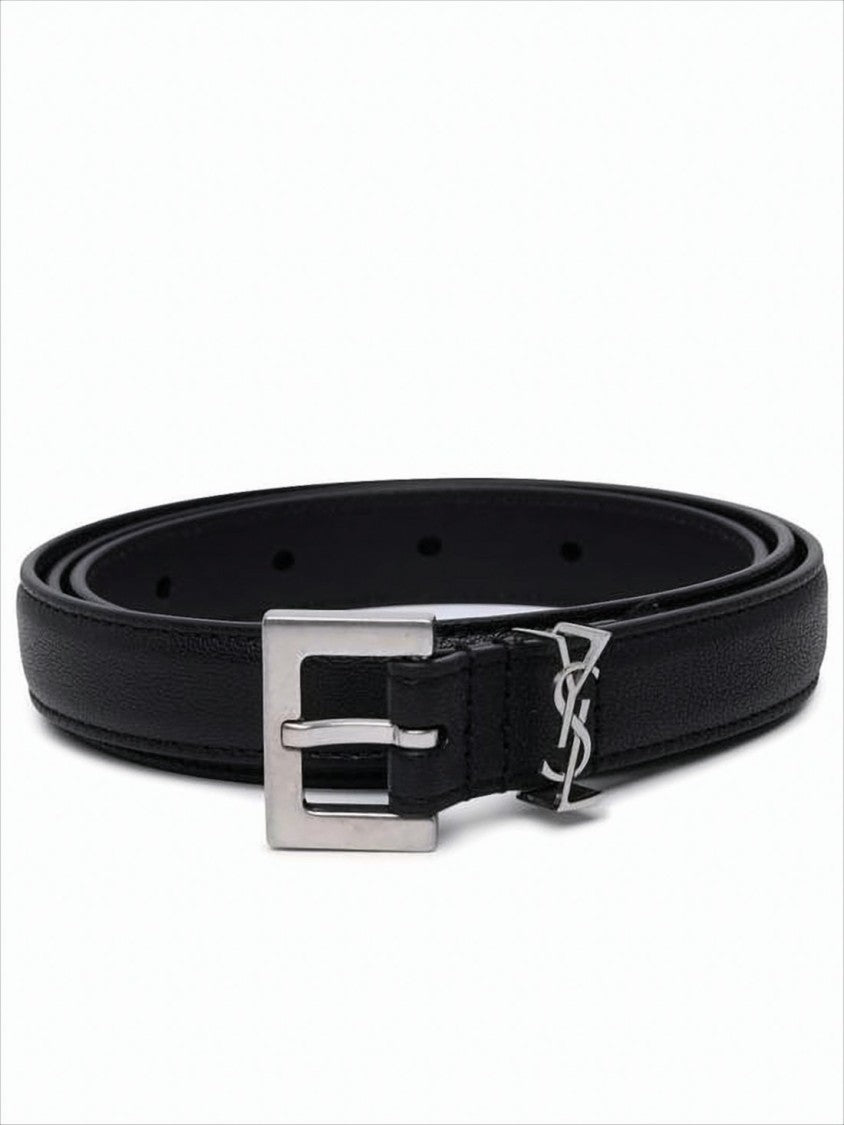 Saint Laurent Black Lambskin Belt With Rectangular Silver Buckle