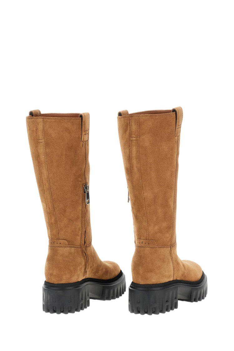 Hogan Mid-Calf Wood Brown Suede H700 Boots With Rubber Platform Sole