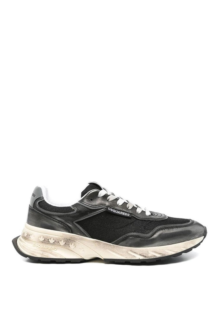 Dsquared2 Black Distressed Wash Mesh-Panel Leather-Blend Sneakers