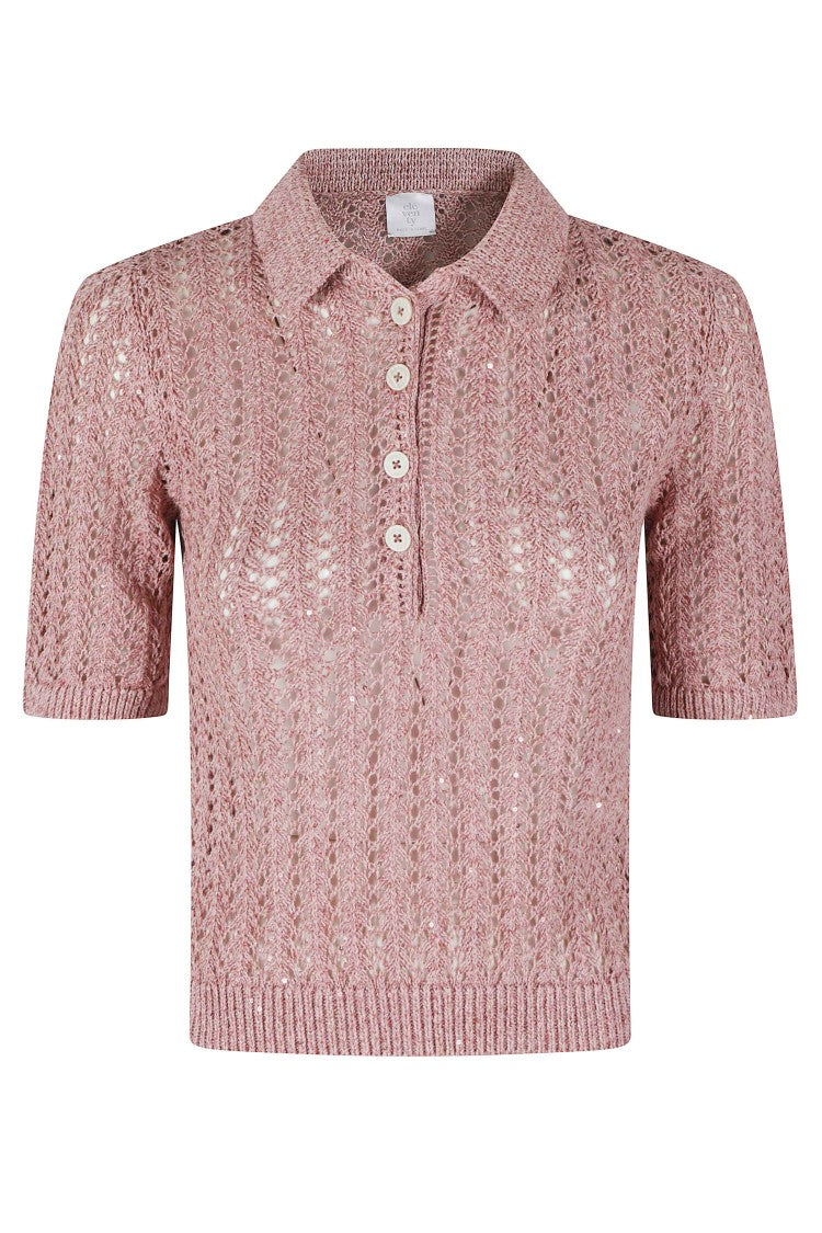 Eleventy Raspberry Knit Perforated Ribbed-Trim Cotton-Blend Polo Shirt