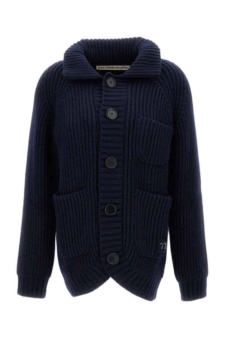 Meta Campania High Collar Ribbed Knit Jacket With Button Closure
