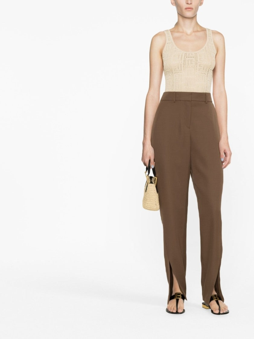Balmain Tobacco Brown Slit Tapered Wool Trousers