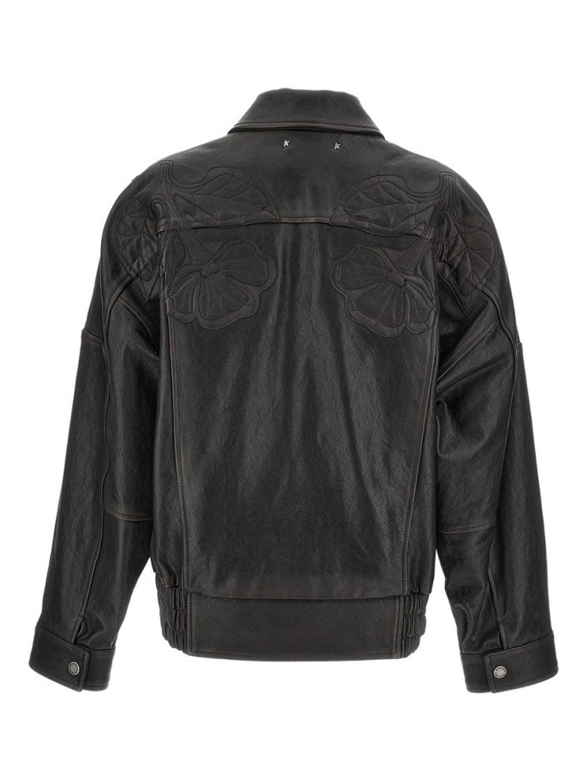 Golden Goose Brown Floral Embroidery Leather Leather Jacket