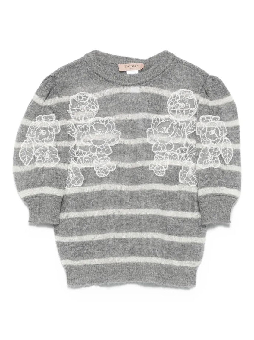 Twin-Set Floral Embroidered Striped Knit Sweater