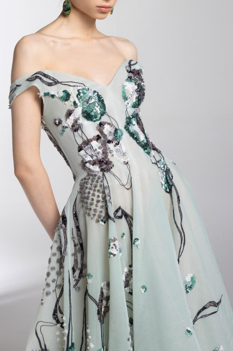 Saiid Kobeisy High-Low, Off-Shoulder Tulle Beaded Dress