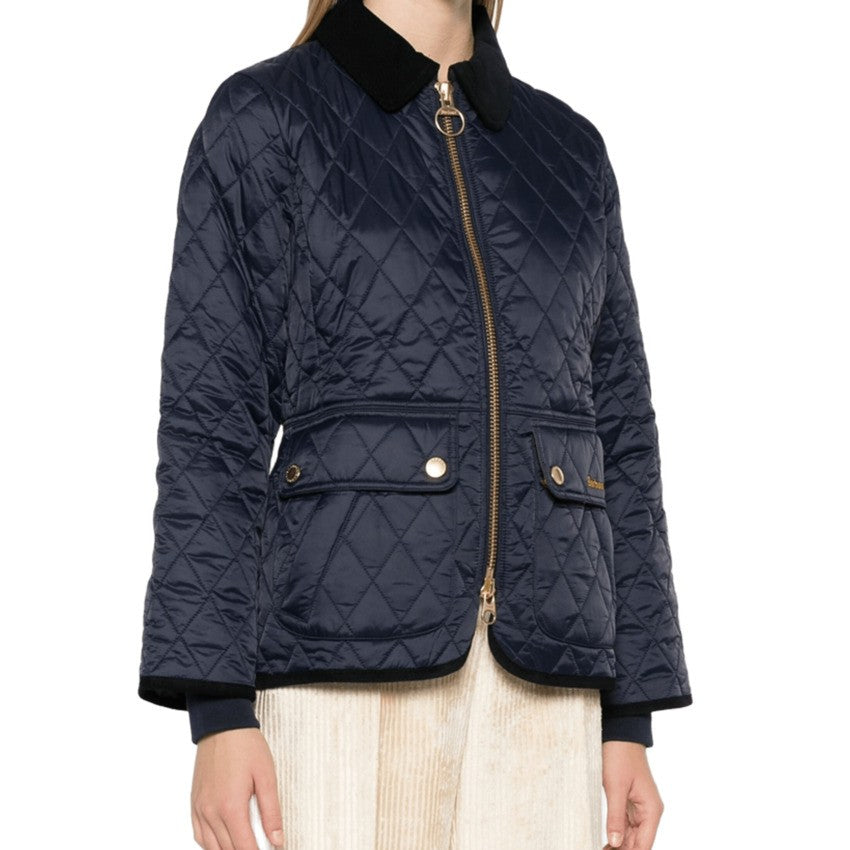 Barbour Quilted Blue Jacket With Diamond Pattern And Velvet Accents