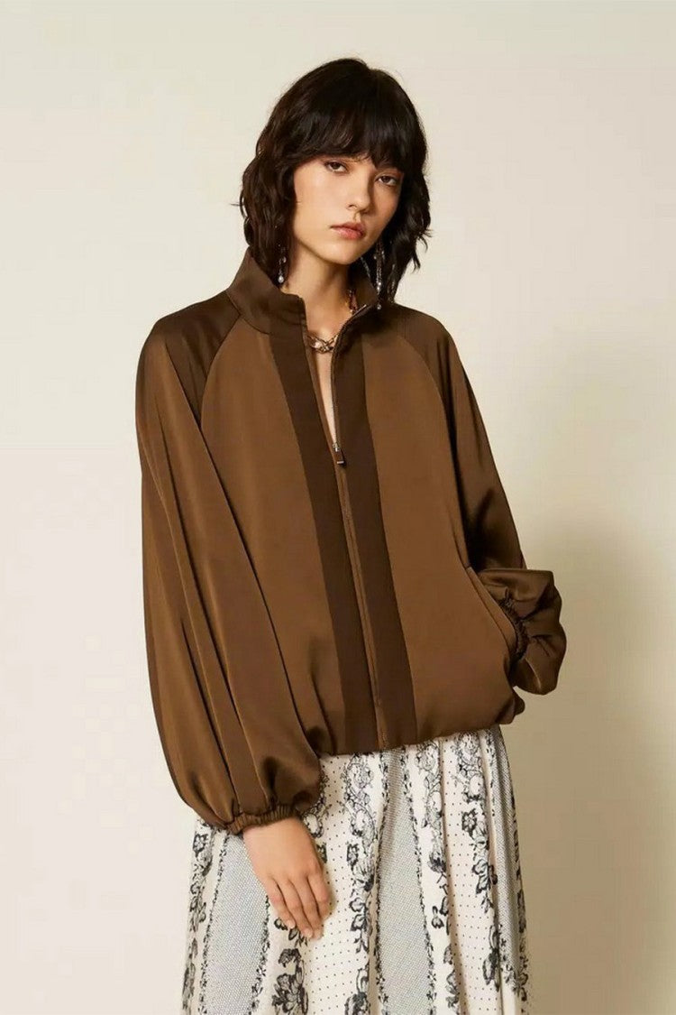 Twin-Set Brown Stand Collar Balloon Sleeve Polyester Bomber Jacket