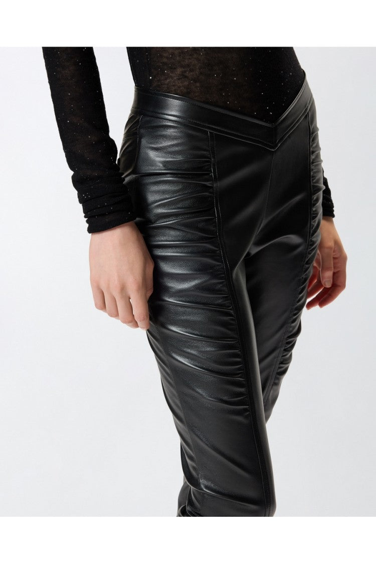 Pinko Black V-Waistband Ruched Hip Panel Faux Leather Leggings